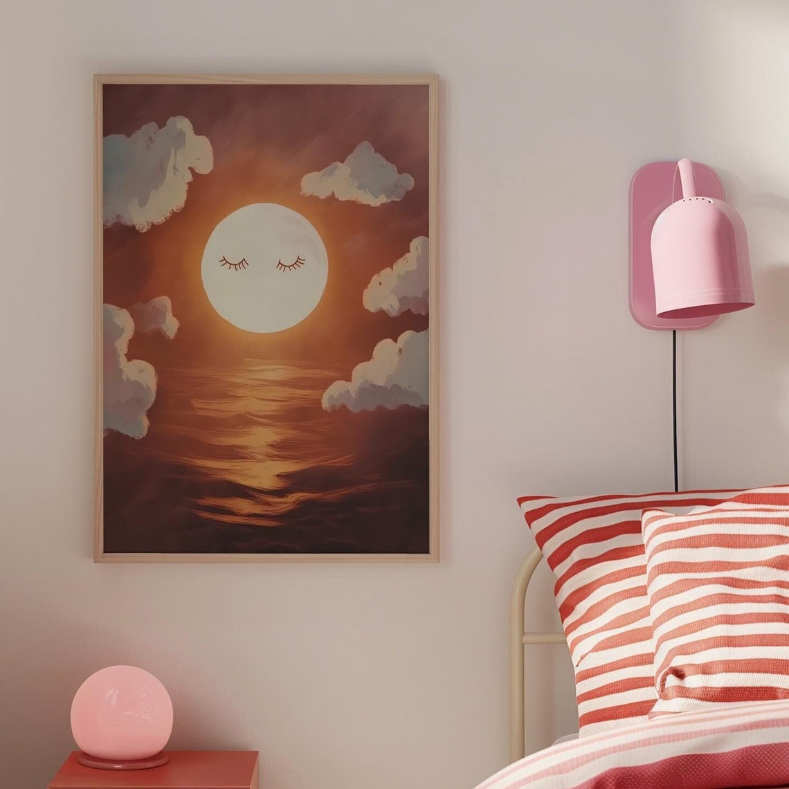 Sleeping Sun Face Over Ocean Waves Nursery Art for Kids Room Poster