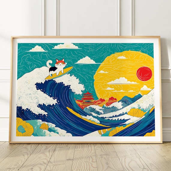 Surfing Cat Riding The Great Wave Hokusai Style Japanese Humor Art Print