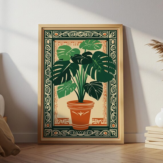 Monstera Plant Print Terracotta Pot Folk Art Style Pdf Jpg