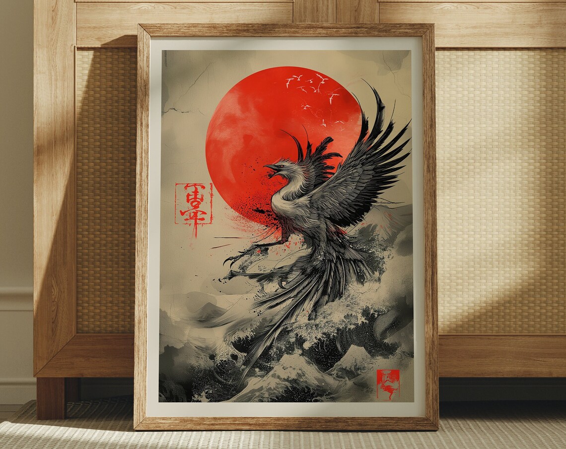 Rising Phoenix Japanese Ink Style Red Sun Mythical Bird Poster