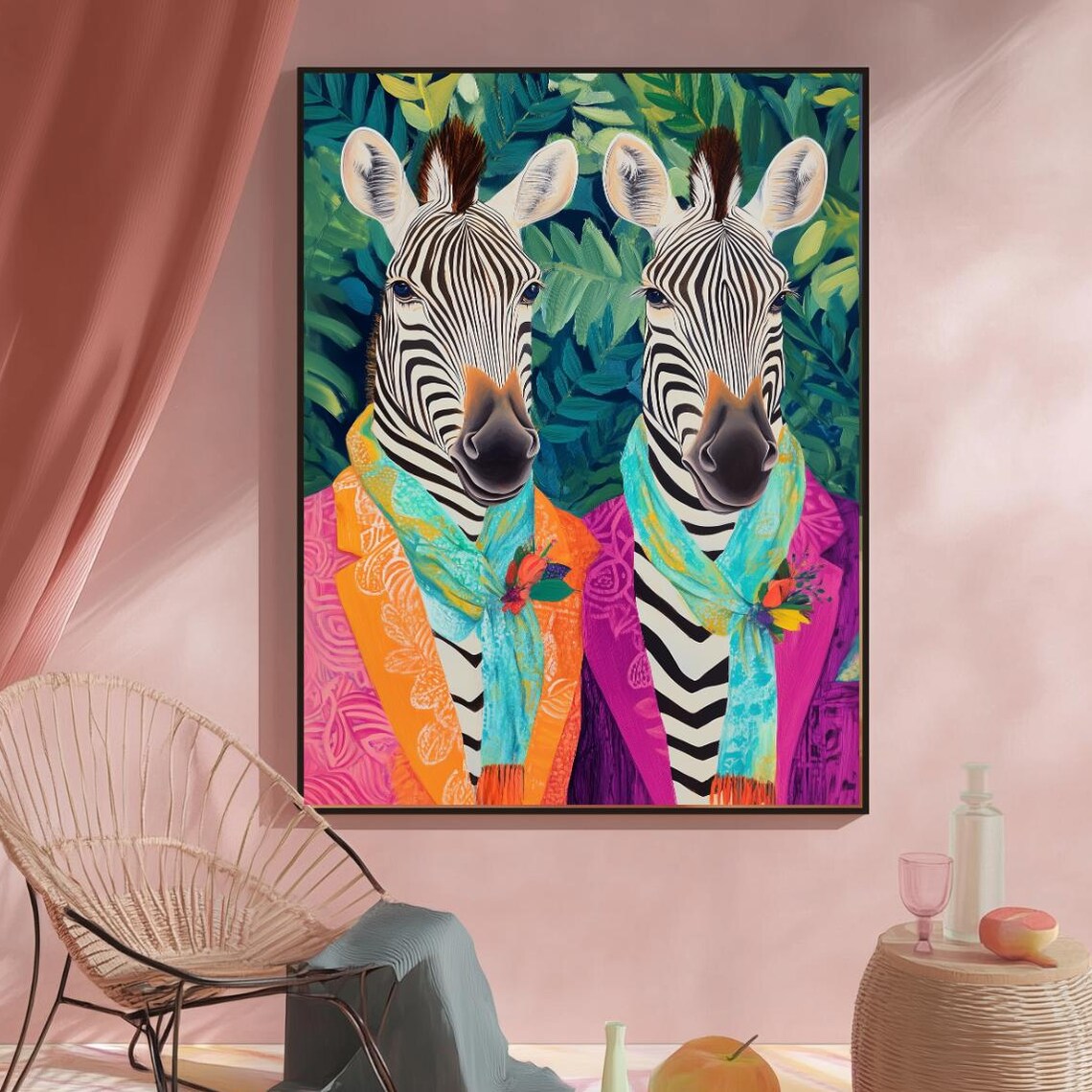 Two Dressed Up Zebras in Colorful Jungle Fashion Wall Poster