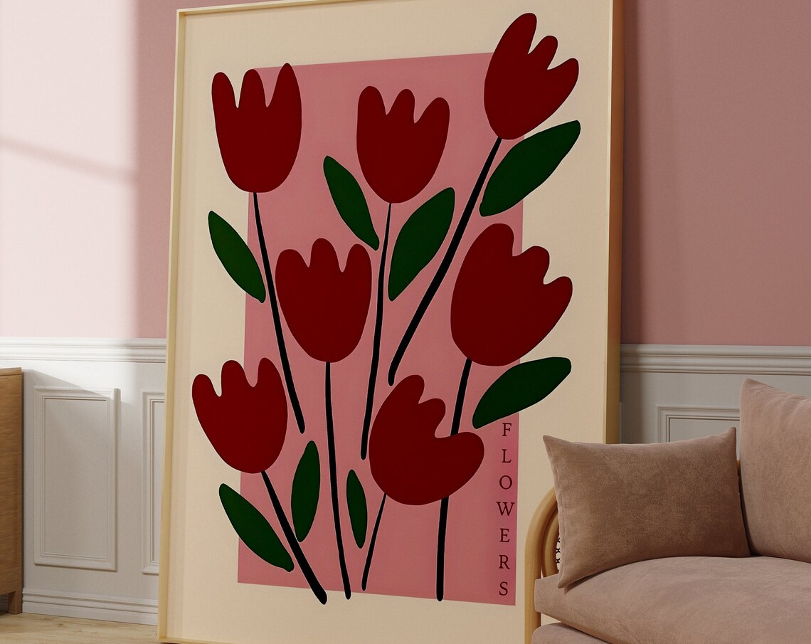Red Tulips Abstract Flowers Pink Modern Floral Botanical Art Poster - Image 4