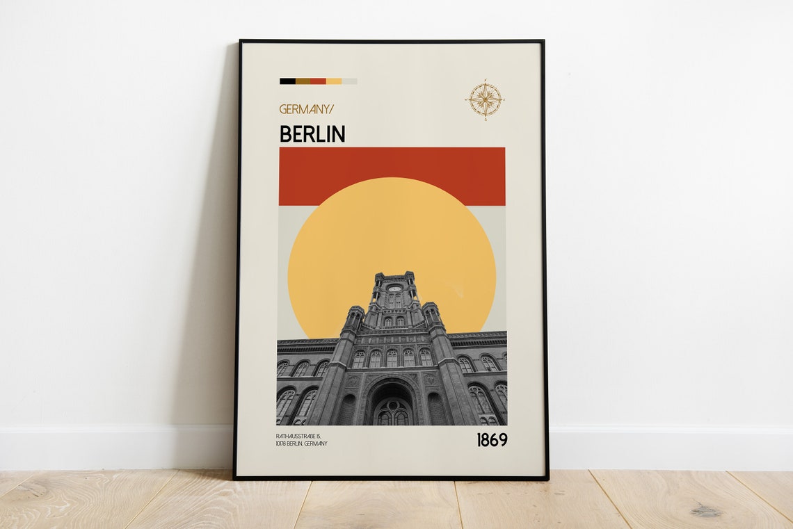 Berlin Germany Rotes Rathaus Retro Mid Century Travel Poster