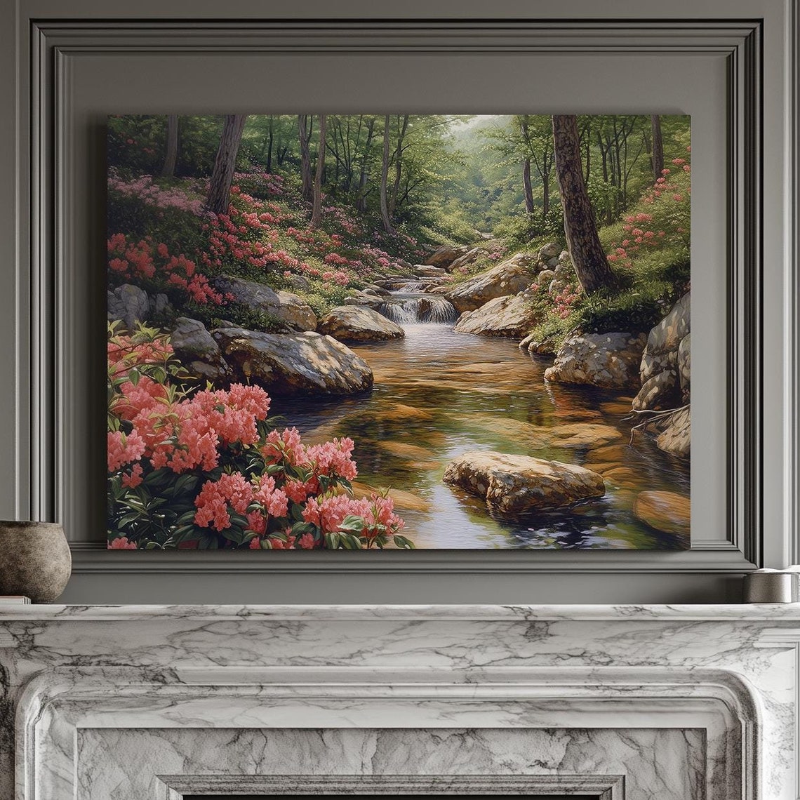 Pink Blossom Forest Stream Waterfall Peaceful Nature Wall Art