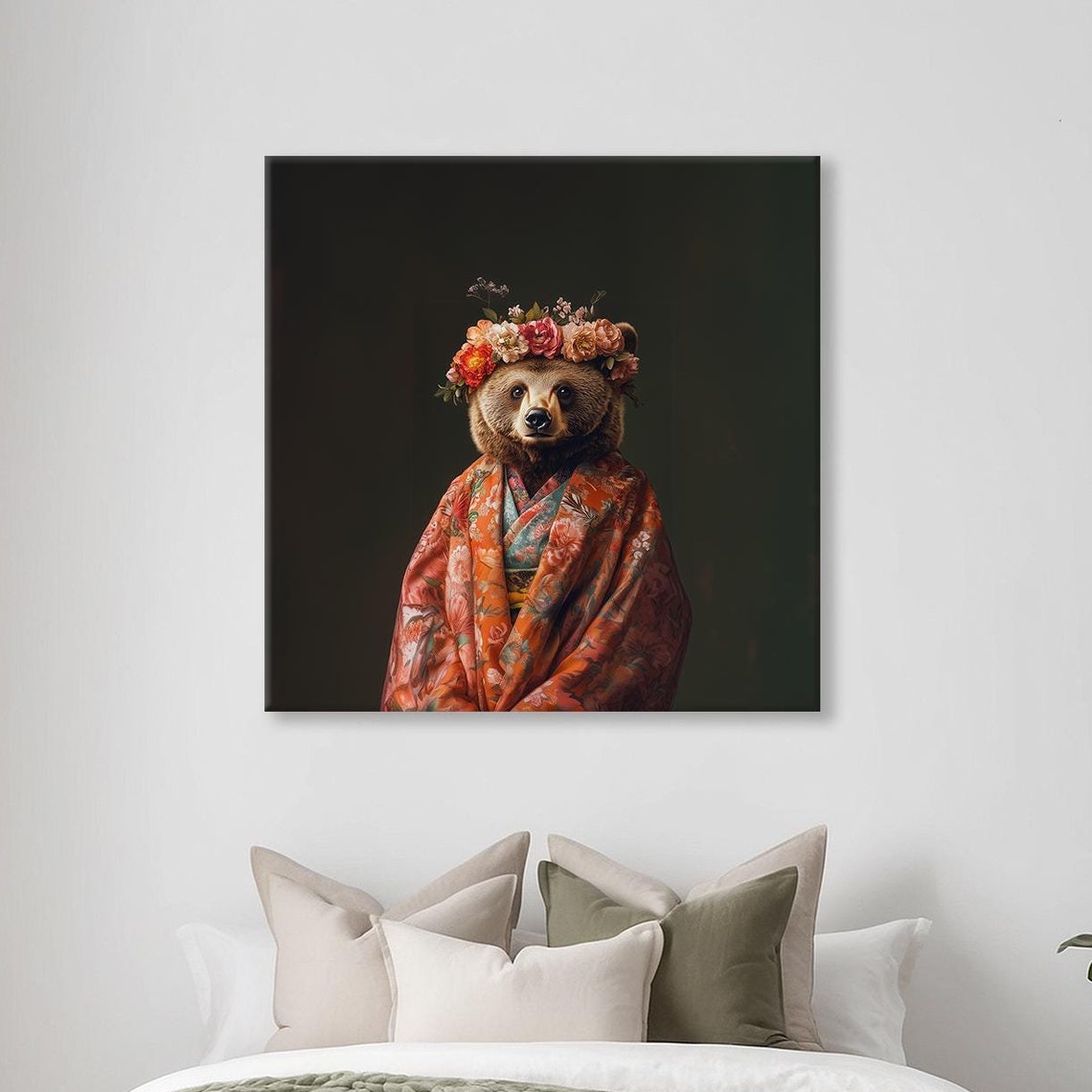 Brown Bear Flower Crown Kimono Maximalist Animal Portrait Poster