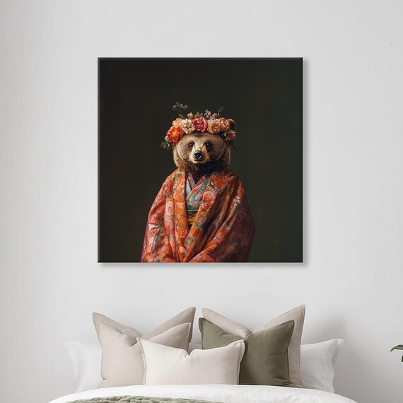 Brown Bear Flower Crown Kimono Maximalist Animal Portrait Poster