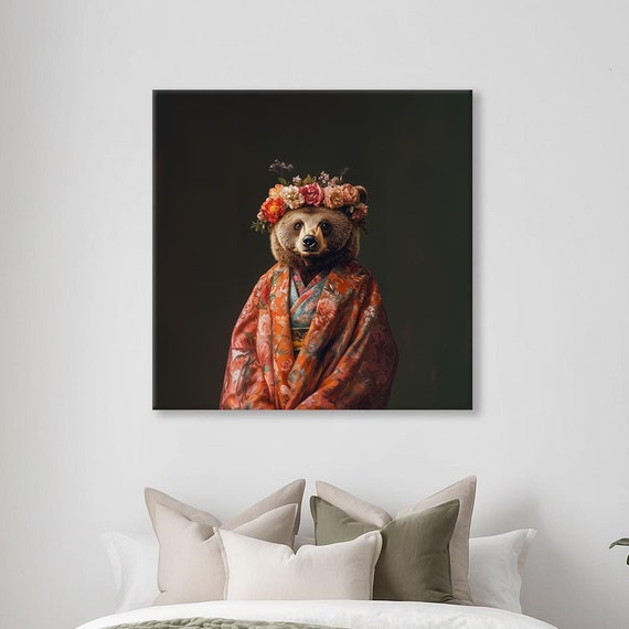 Maximalist Eclectic Fashionista Bear Print Bold Altered Animal Portrait Fantasy Fun Colorful Flowery Rustic Vintage Floral Art