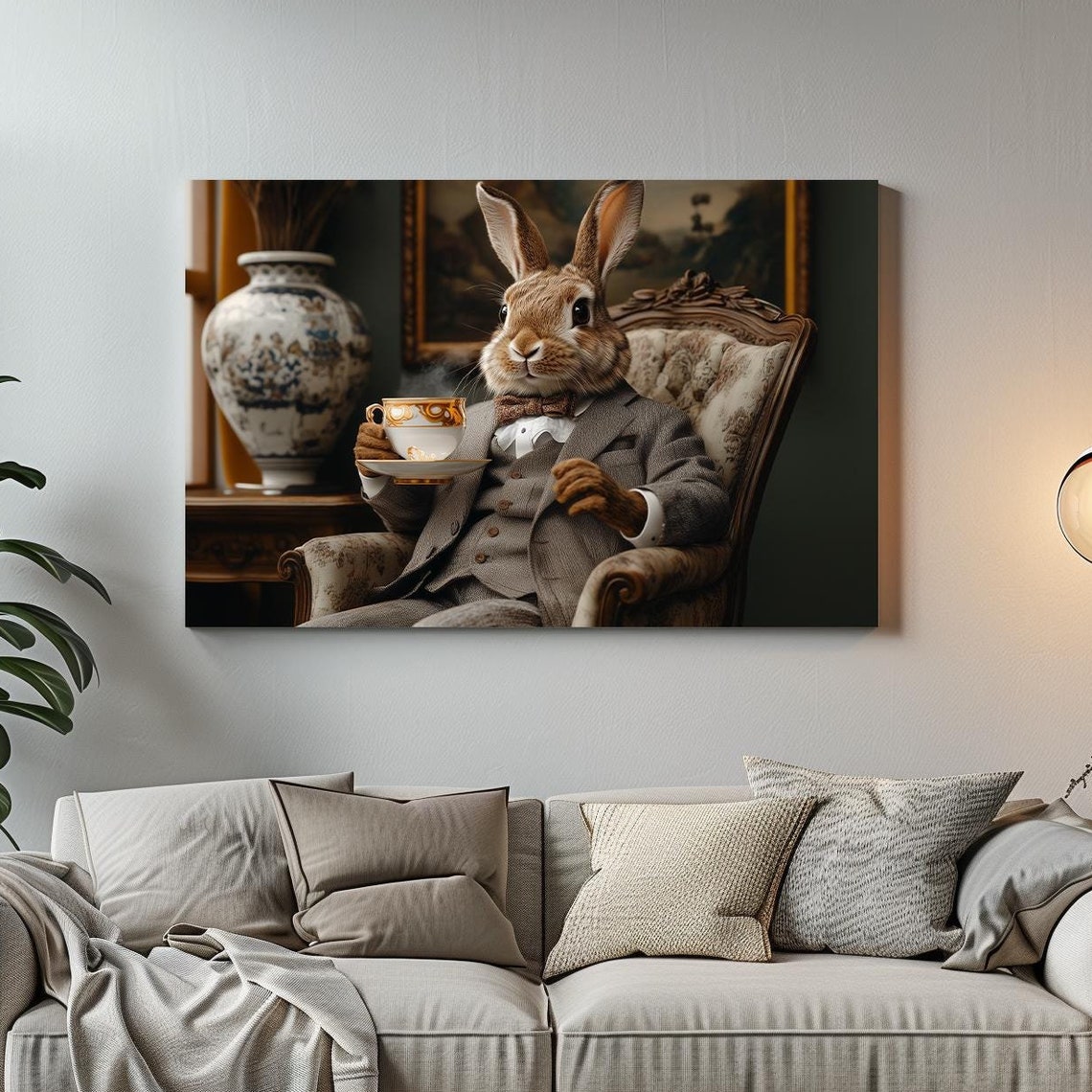 A Rabbit For Tea Maximalist Eclectic Victorian Print Bold Altered Tea Party Portrait Fantasy Fun Colorful Renaissance Rustic Art
