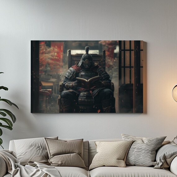 Samurai In Mask Reading Book In A Smoky Japanese Hall Poster