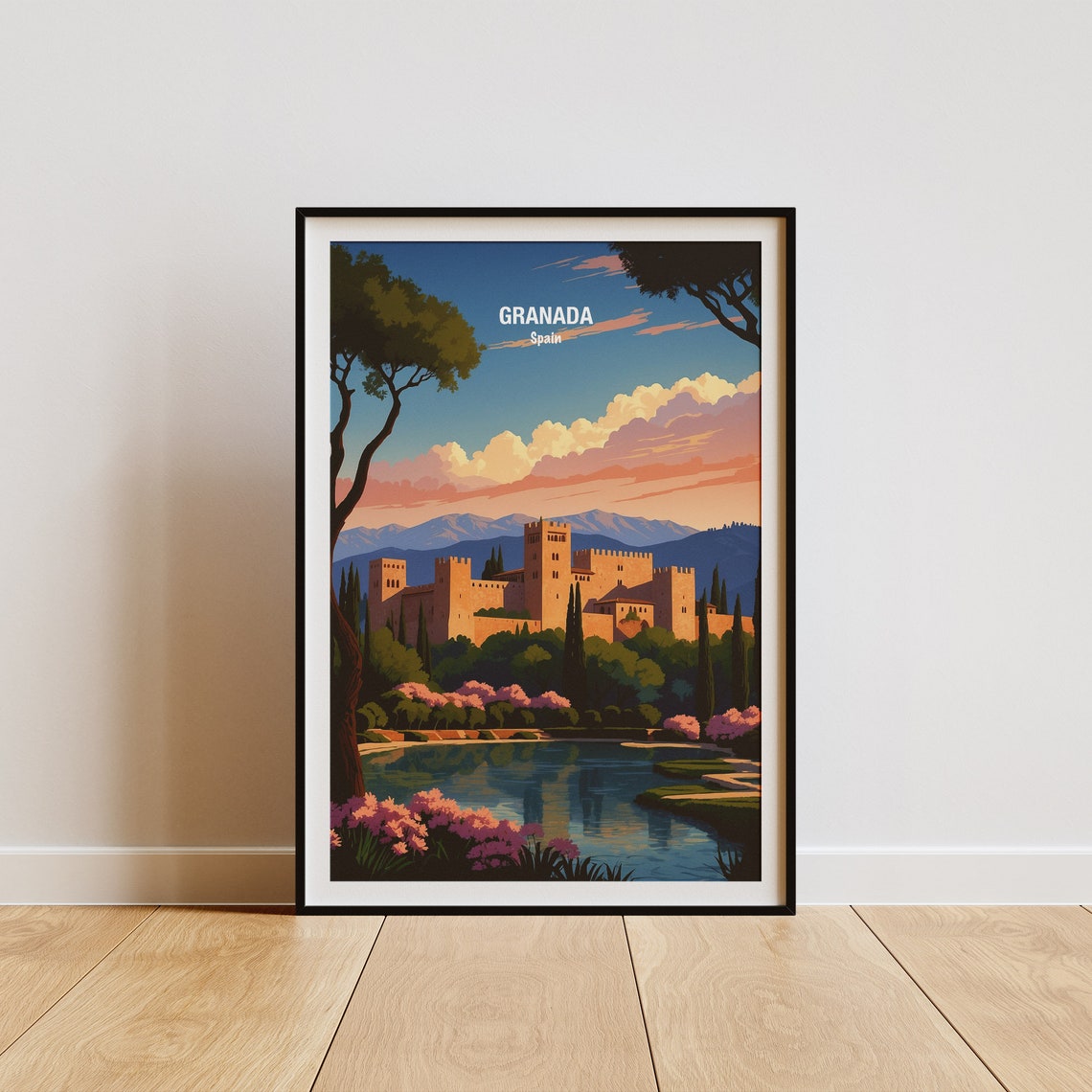 Granada Spain Alhambra Palace Sunset Pink Blossom Lake Poster