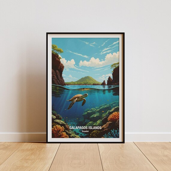 Galapagos Islands Sea Turtle Over Coral Reef Ecuador Art Poster