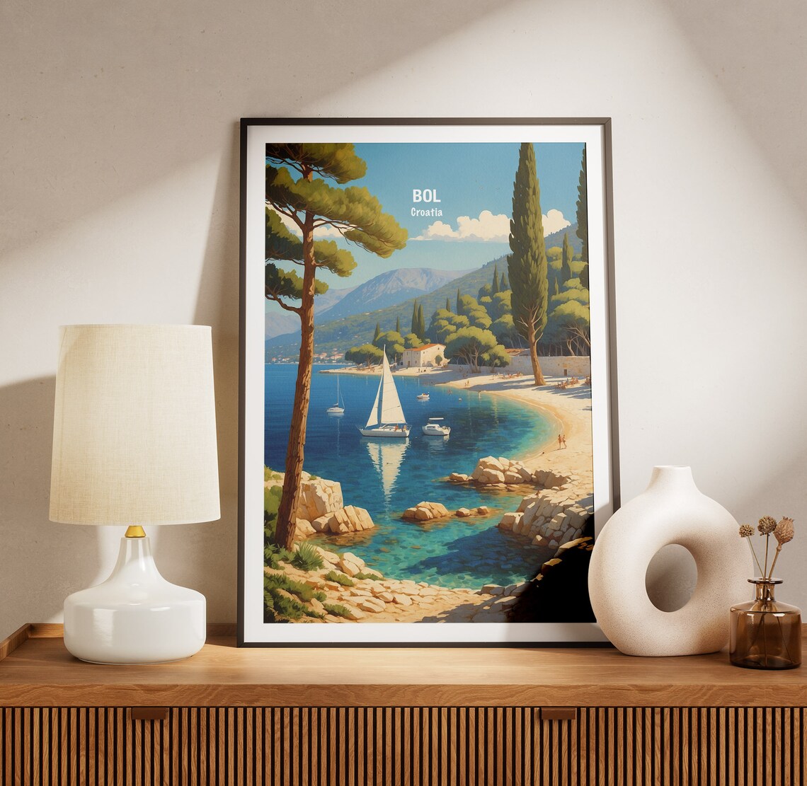 Bol Croatia Adriatic Cove Sailboats Pine Trees View Beach Poster - Image 3