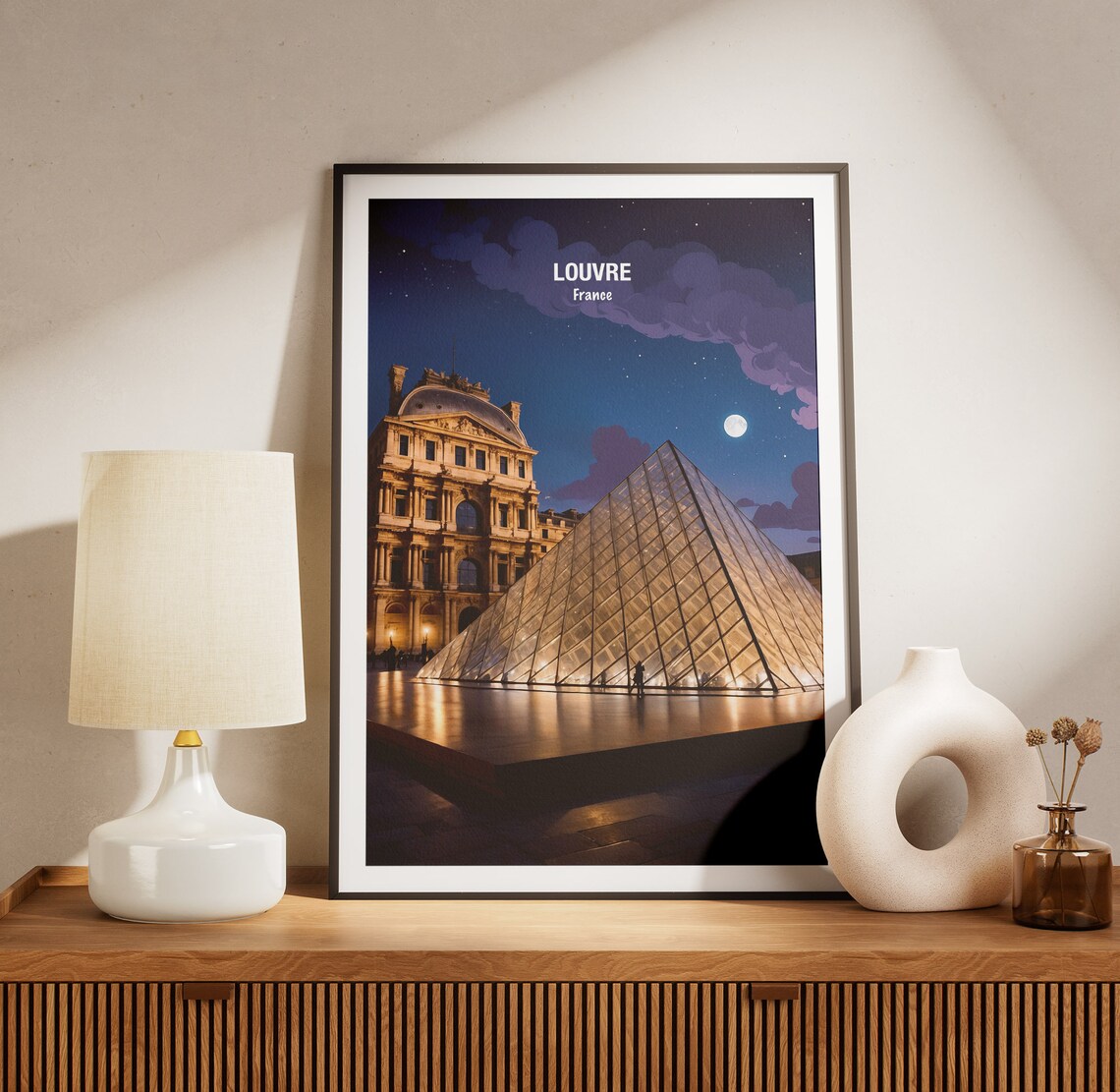 Paris Louvre Museum Glass Pyramid Moonlit Starry Night Poster - Image 3