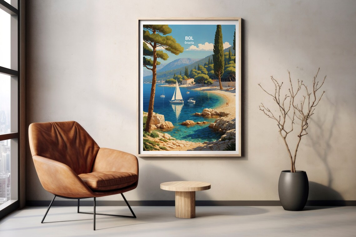 Bol Croatia Adriatic Cove Sailboats Pine Trees View Beach Poster - Image 2