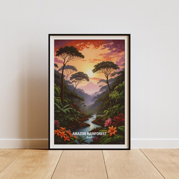 Amazon Rainforest River Valley Sunset Tropical Flowers Poster