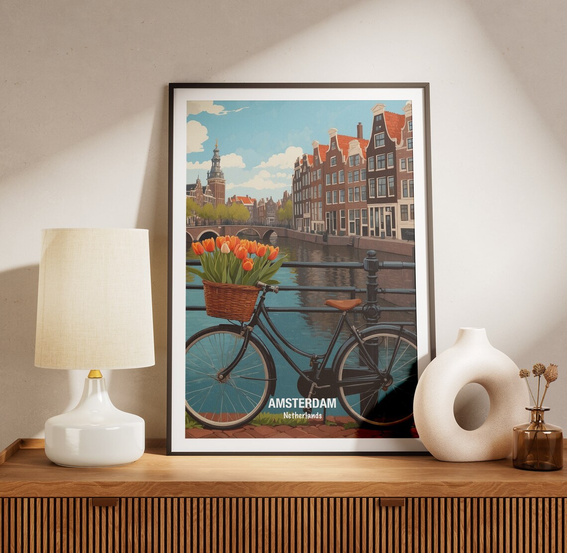 Amsterdam Netherlands Bicycle Tulips Canal Bridge City Poster - Image 3