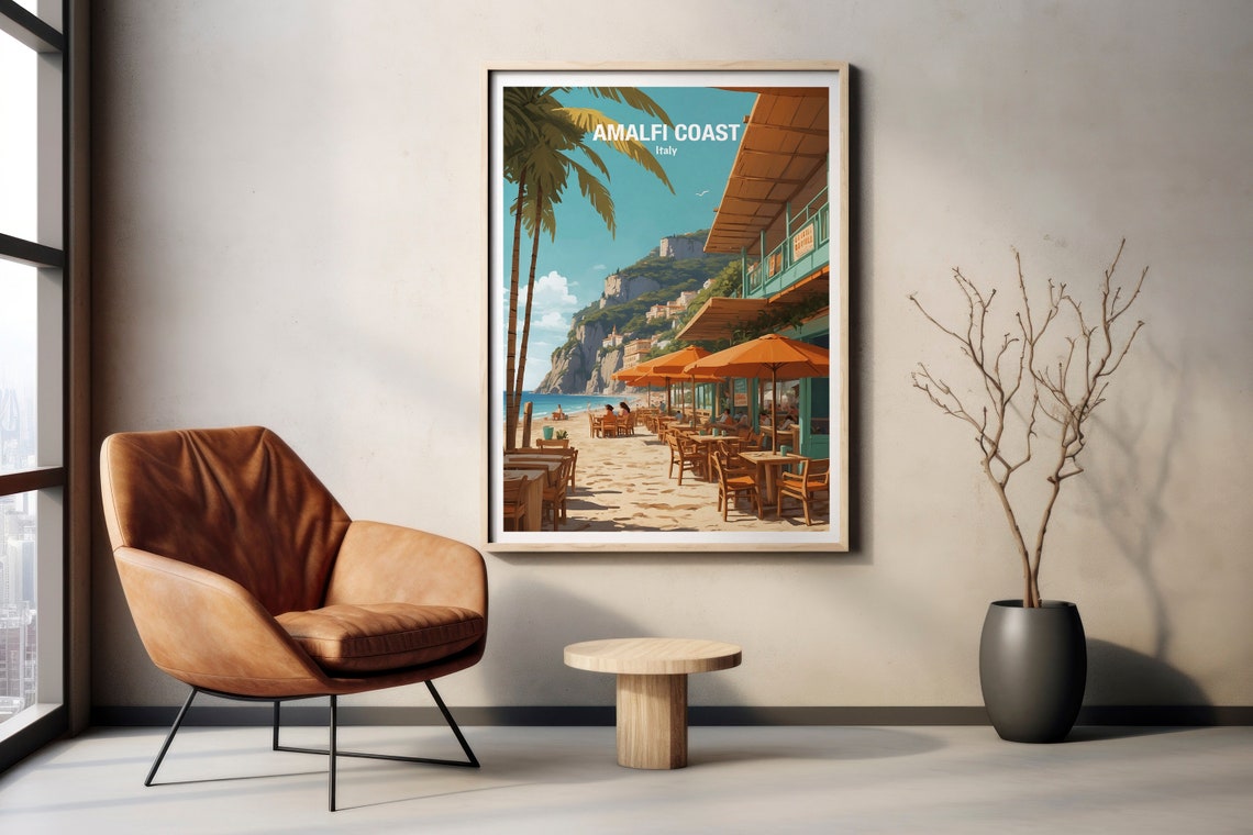 Amalfi Coast Italy Beachfront Cafe With Orange Umbrellas Poster - Image 2