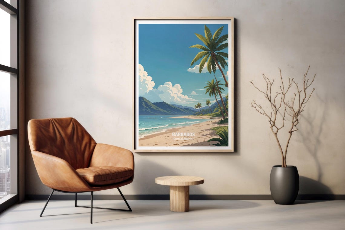 Barbados Tropical Beach Palm Trees Turquoise Caribbean Sea Poster - Image 2