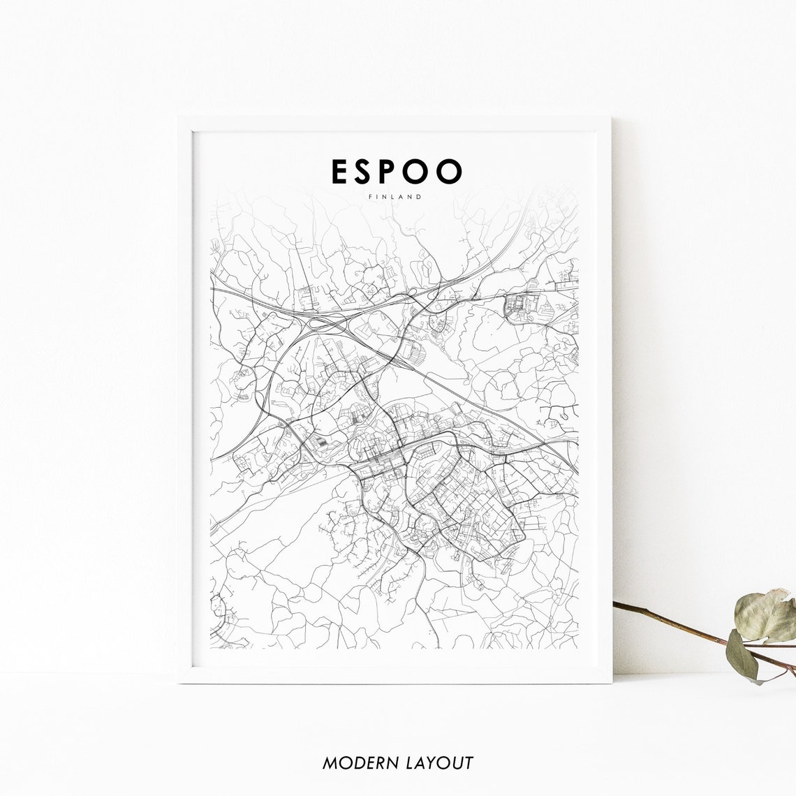 Espoo Finland Minimalist City Street Map Scandinavian Wall Art