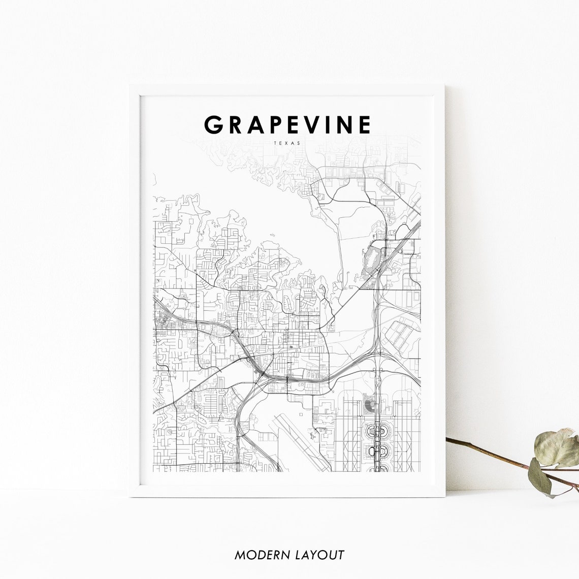 Grapevine Texas Minimalist Black White City Street Map Art Poster