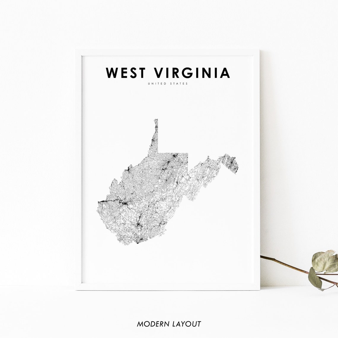 West Virginia State Map Minimalist Modern White Road Line Art Poster