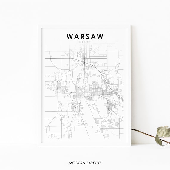 Warsaw In Map Print Indiana Usa Art Poster Kosciusko County City Street Road Nursery Room Office Wall Decor