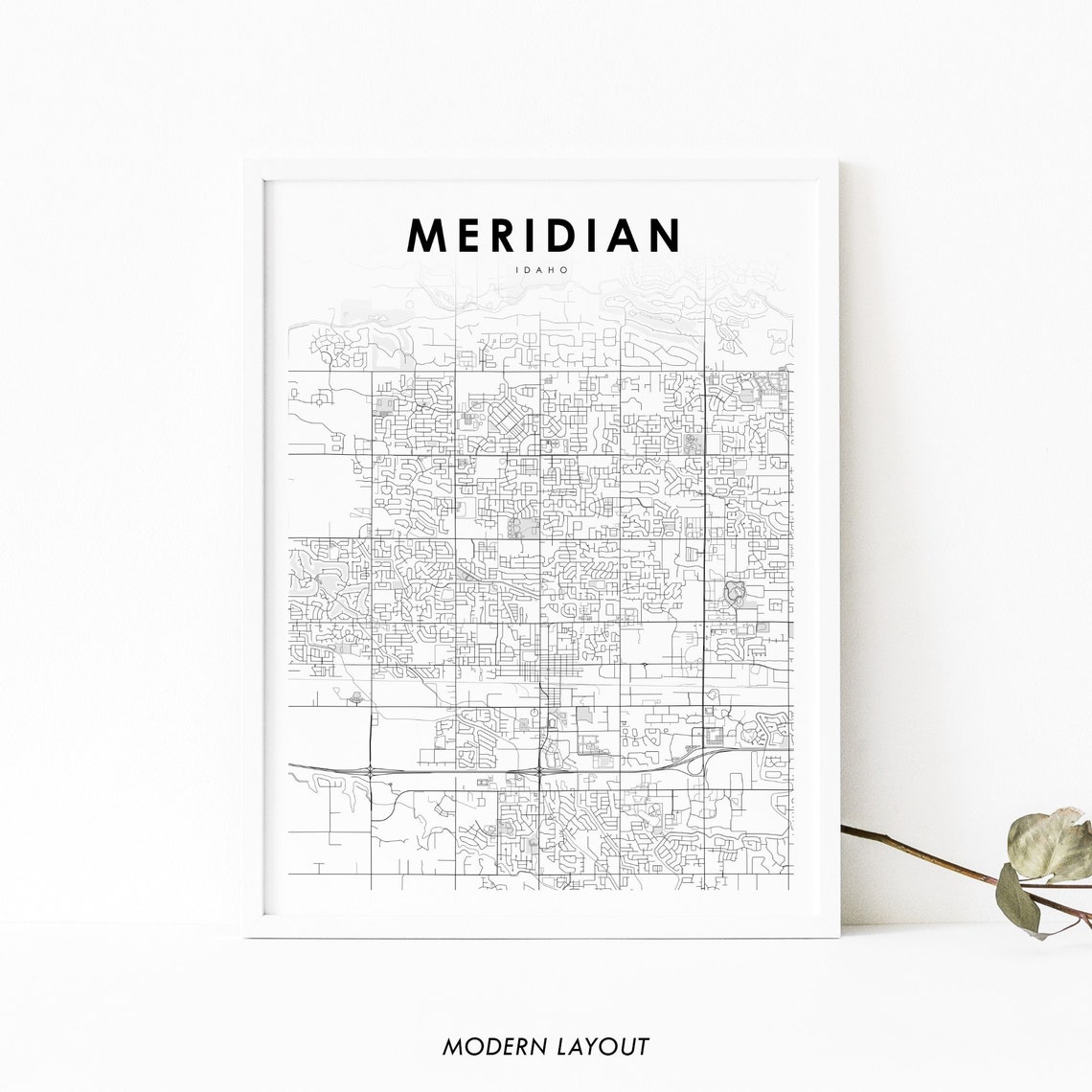 Meridian Idaho White Minimalist City Street Road Map Art Print