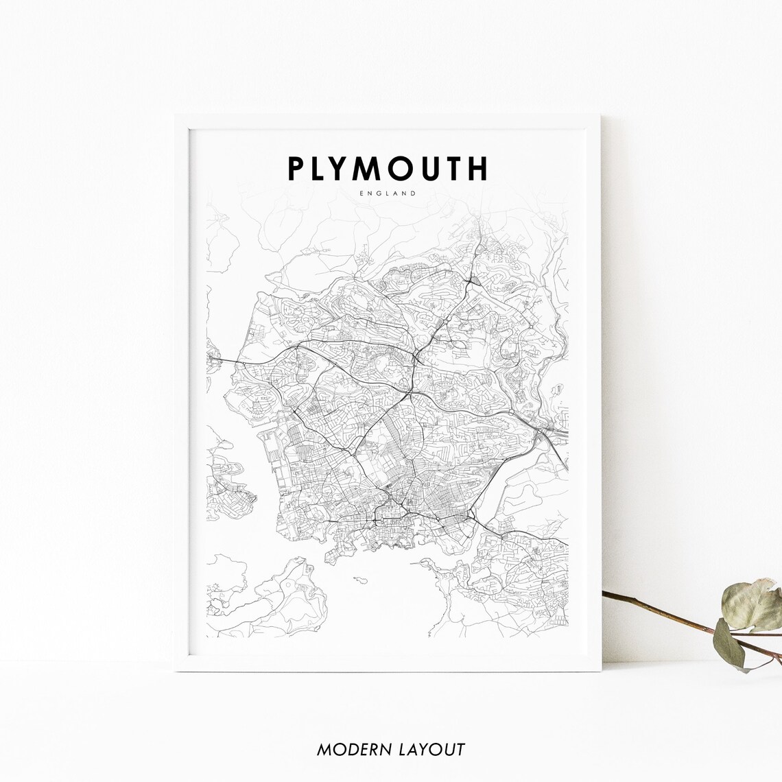 Plymouth England Minimalist City Street Map Print Black And White