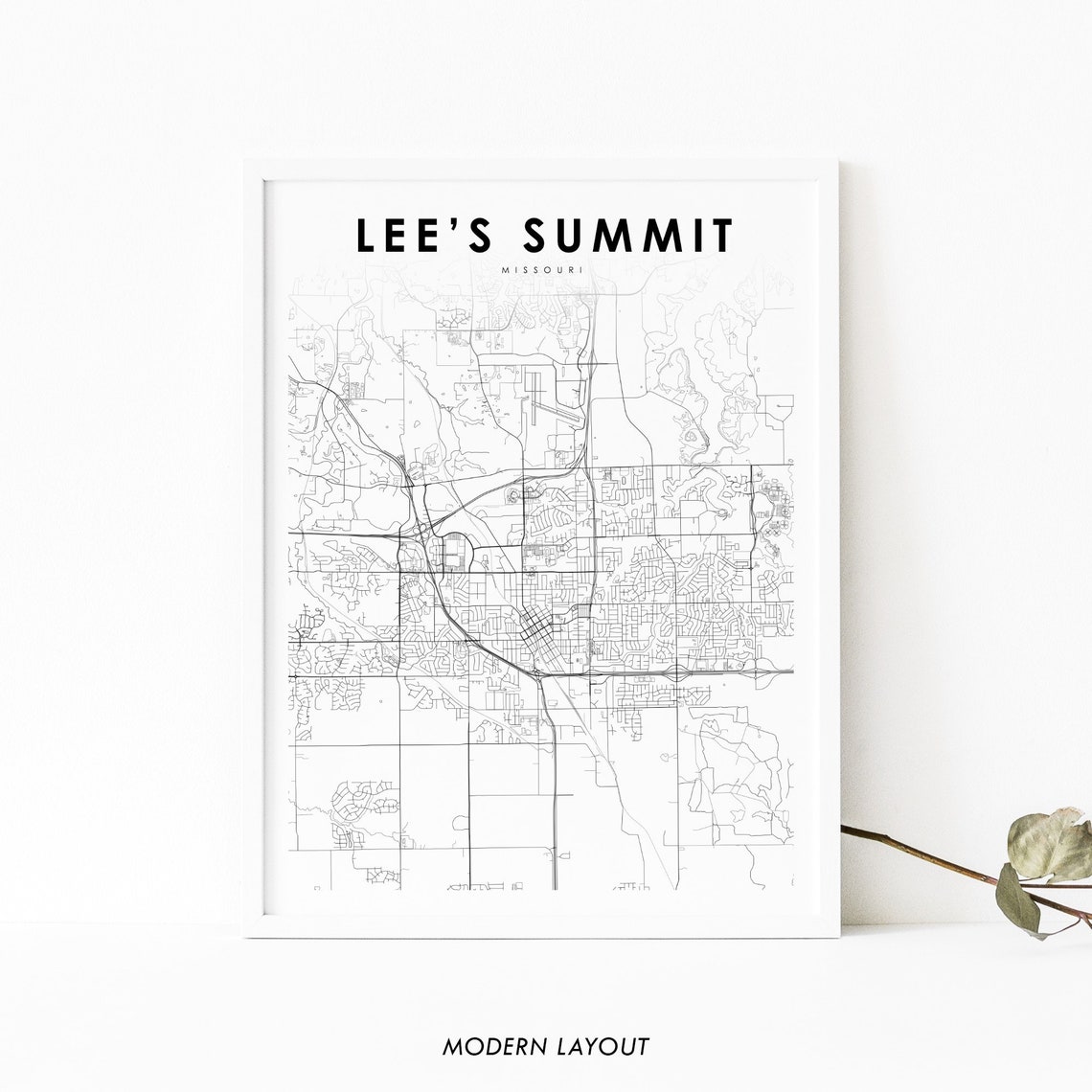Lee's Summit Missouri Minimalist Black White City Map Wall Art