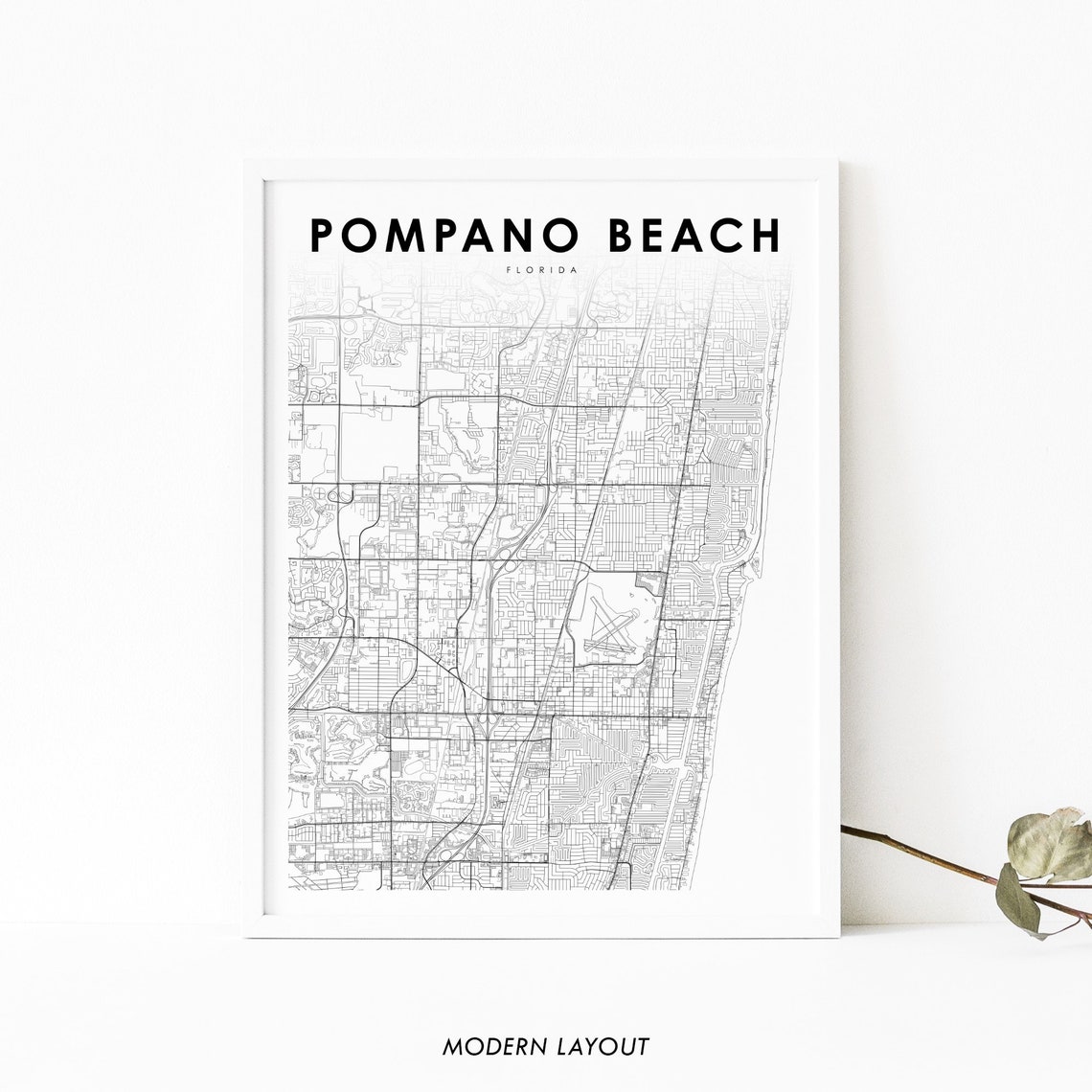 Pompano Beach Florida Black And White City Street Map Wall Art