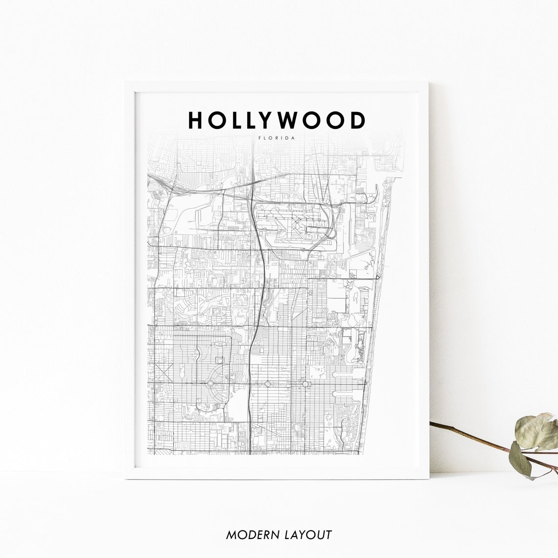 Hollywood Florida Minimalist Black and White City Street Map Poster