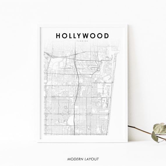 Hollywood Florida Minimalist Black and White City Street Map Poster