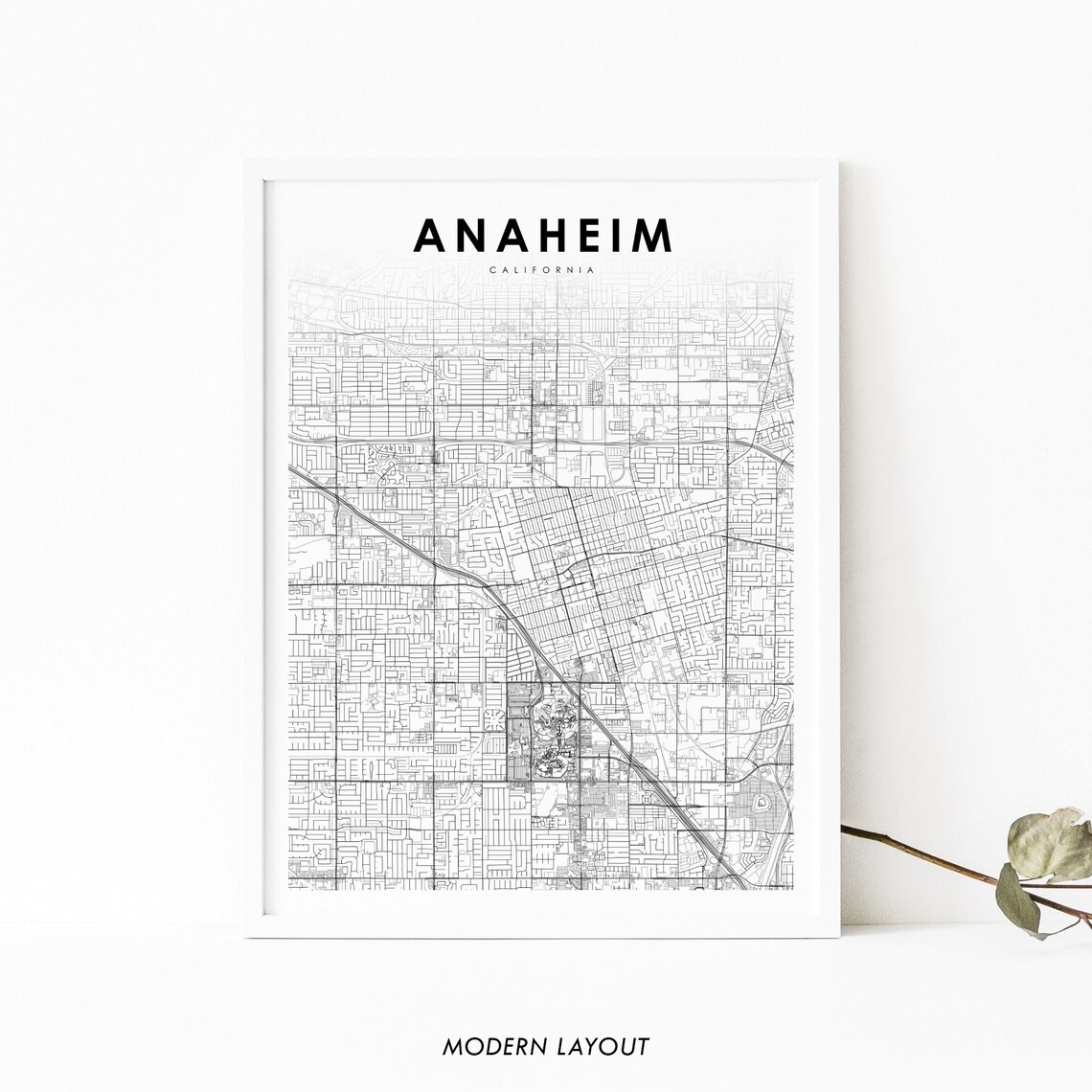 Anaheim CA Map Print, USA City Street Poster