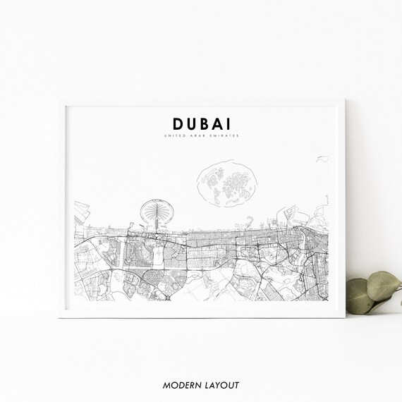 Dubai UAE Minimalist City Street Map With Palm Islands Wall Art