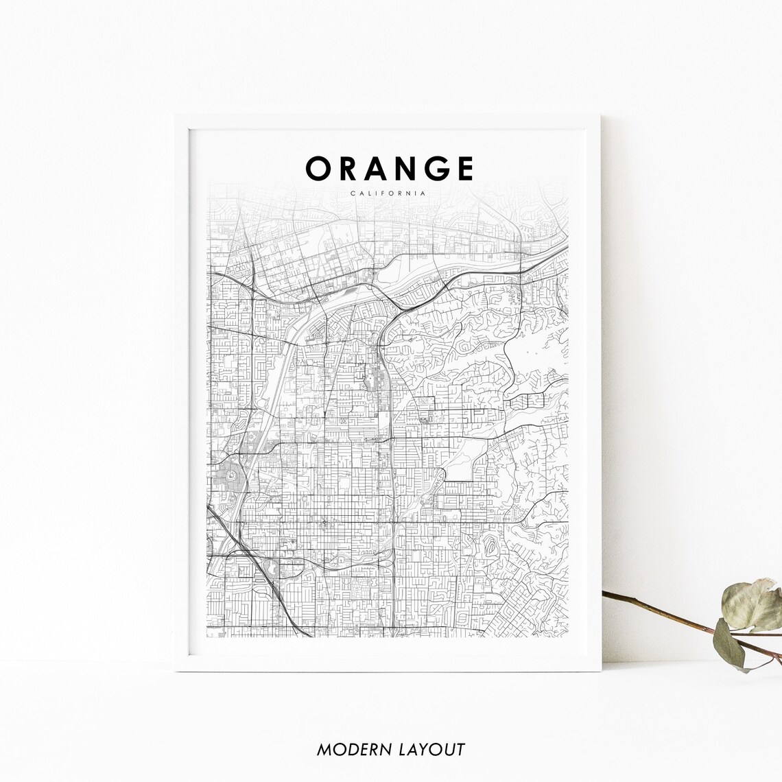 Orange California Minimalist Black and White City Street Map Poster