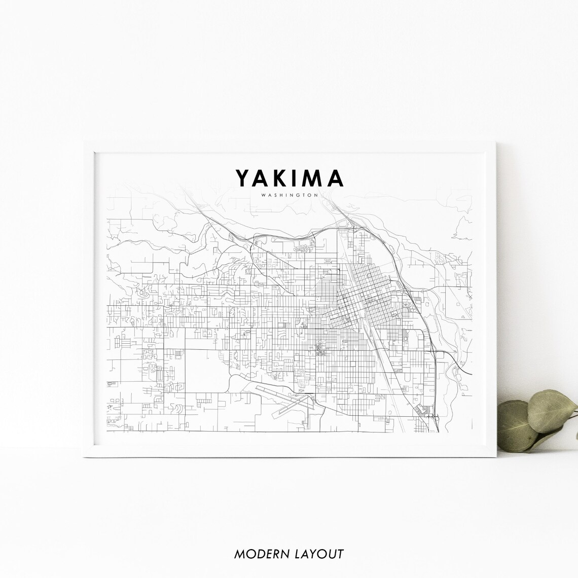 Yakima Washington City Street Map Minimalist Black and White Art Poster