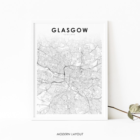 Glasgow Scotland Map Print, City Street Road Art