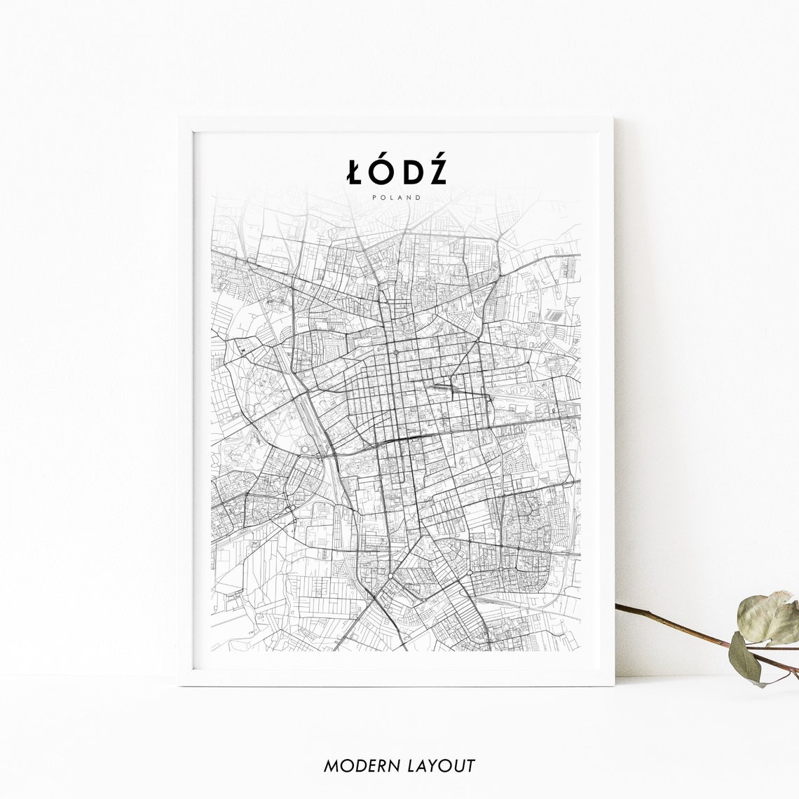 Łódź Poland Minimalist Black and White Street Map City Poster