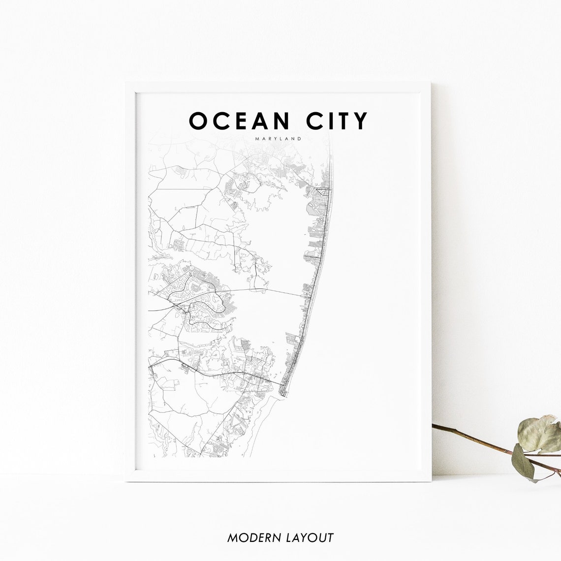 Ocean City Maryland Minimal Black And White City Street Map Art Poster