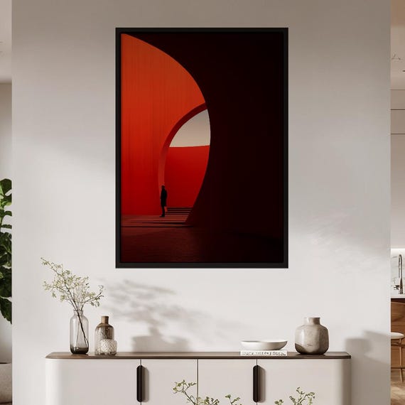 Crimson Dream Modern Architectural Wall Art Minimalist Dramatic Silhouette Poster Bold Red Home Decor Print Contemplative Urban