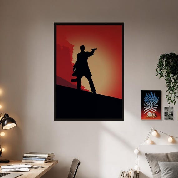 Dramatic Spy Thriller Silhouette Art Print Film Noir Detective Wall Decor High Contrast Red Black Poster Cinematic Man Cave Gift
