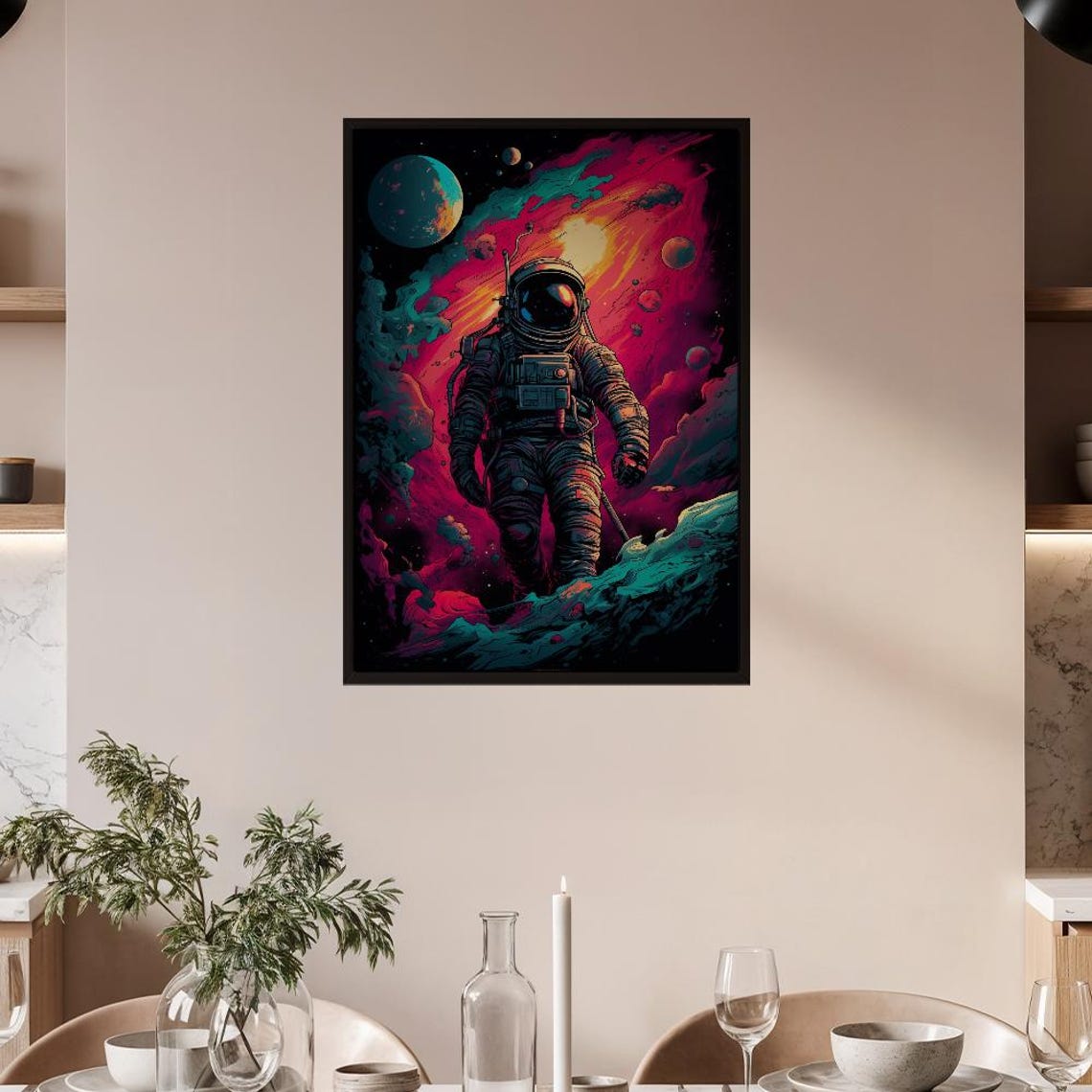 Astronaut Floating in a Neon Cosmic Nebula Synthwave Space Poster