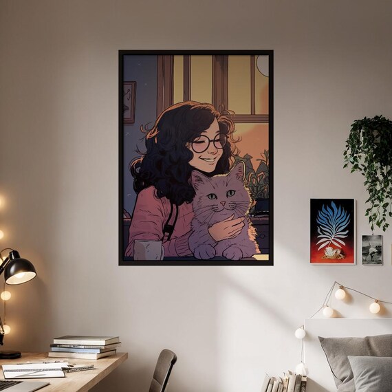 Cozy Cat Companionship Art Print Fluffy Feline Lover Gift Warm Golden Hour Home Decor Modern Illustration Poster For Walls