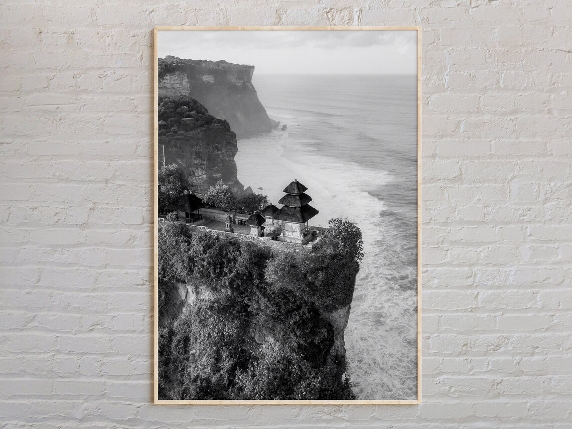 Uluwatu Cliff Temple Bali Black And White Ocean Photo Poster