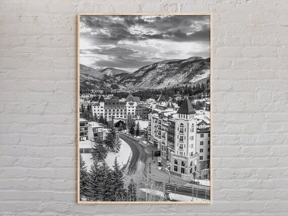 Vail Colorado Ski Village Clock Tower Black White Photo Poster