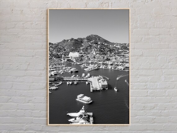 Black and White Cabo San Lucas Marina Mountain Bay View Poster