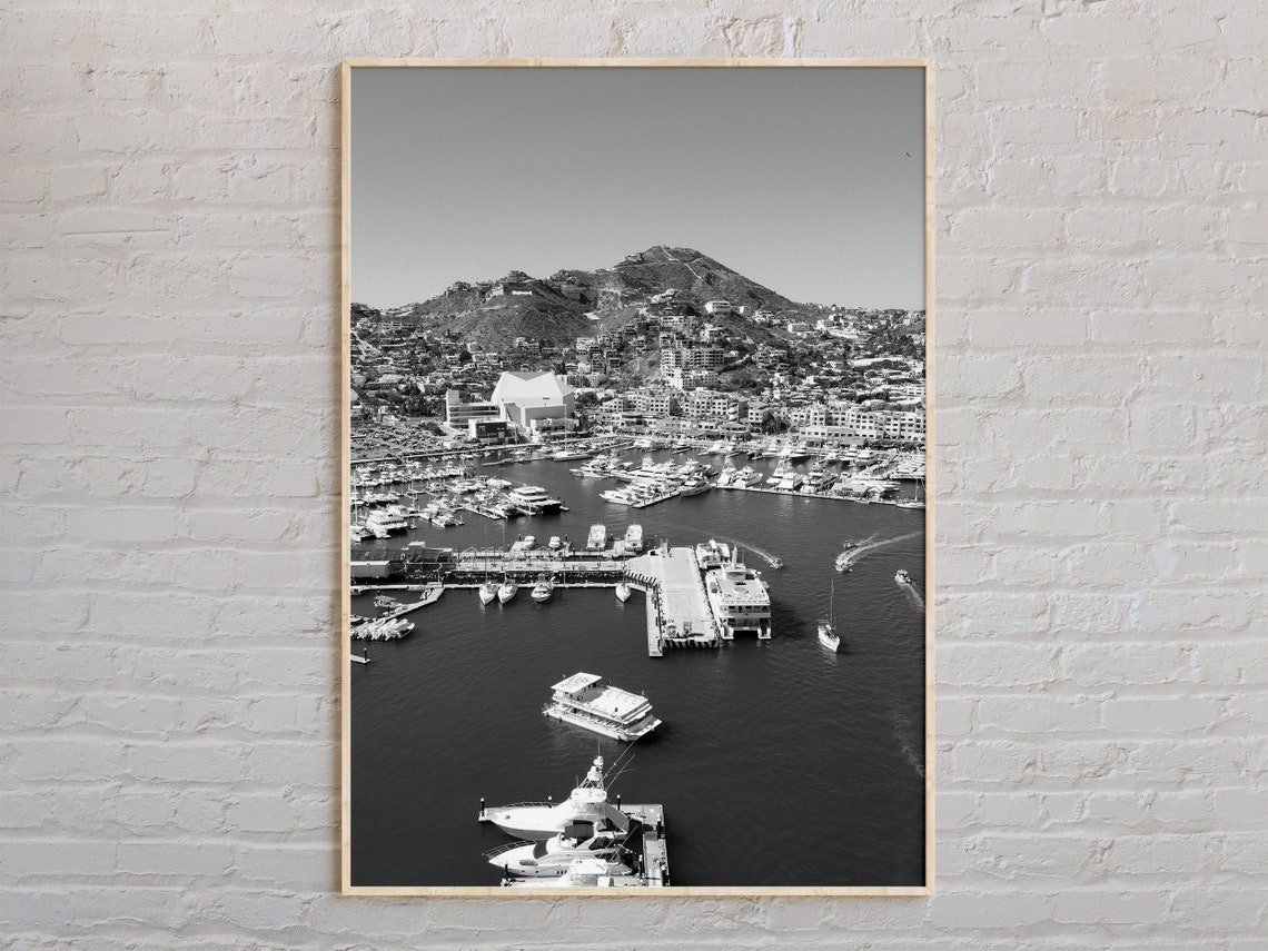 Black and White Cabo San Lucas Marina Mountain Bay View Poster