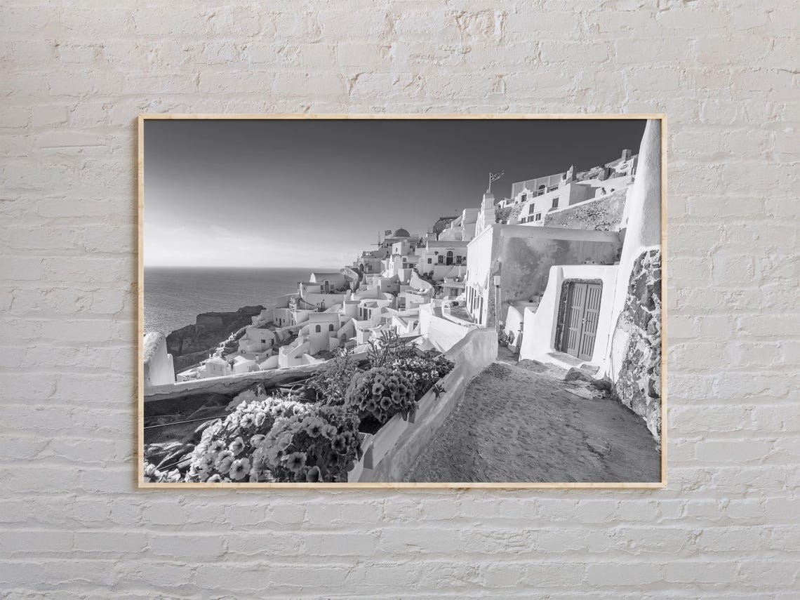 Black And White Santorini Greece Whitewashed Village Photo Poster