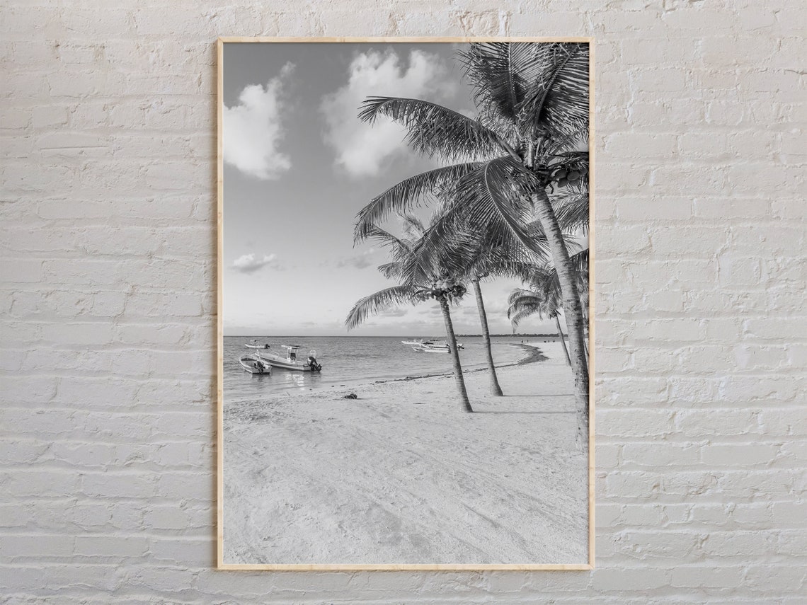 Riviera Maya Beach Palm Trees Black And White Photography Poster