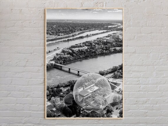 Montreal Biosphere Dome Aerial View Black and White Photo Poster